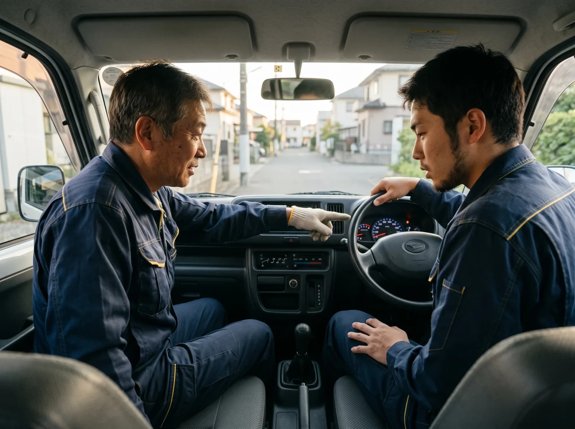 車内で運転の指導を受ける新人