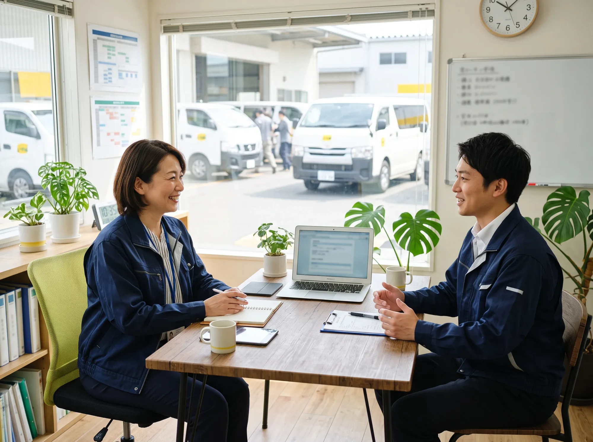 事務所で面接する応募者と担当者
