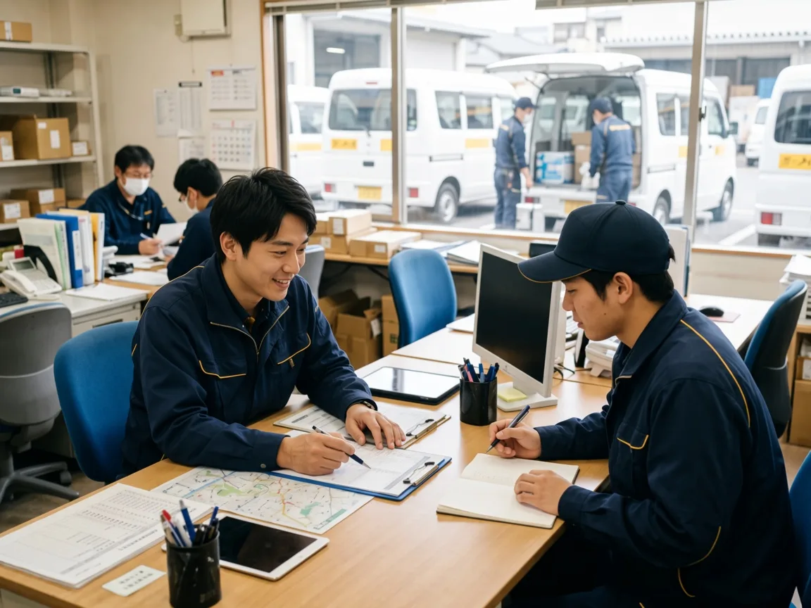 先輩から配送の手順を学ぶ新人