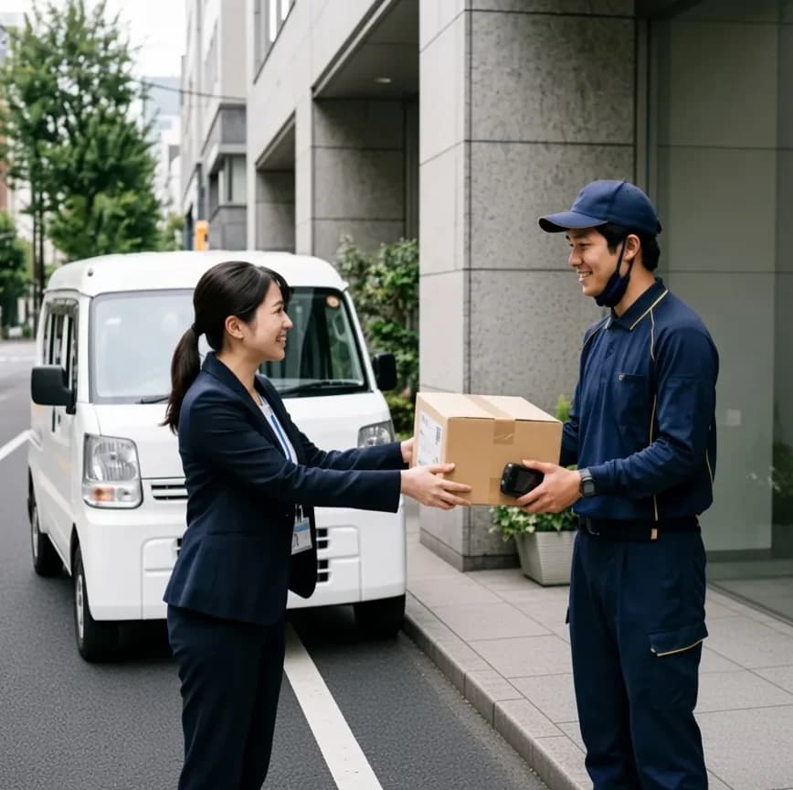 企業の受付で荷物を受け取る配送員