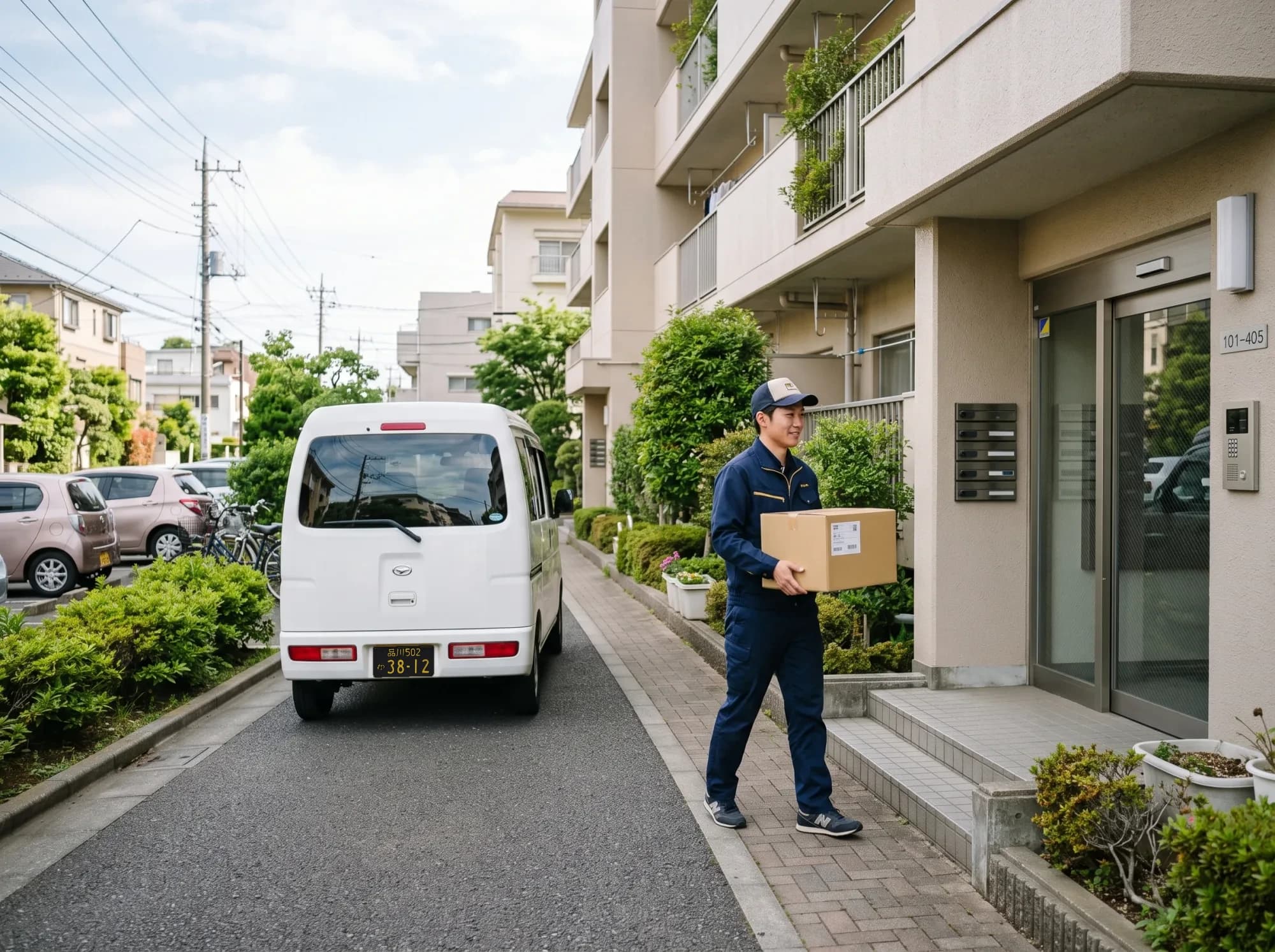 住宅街で荷物を届けるドライバー
