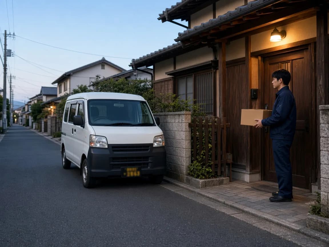 夕暮れの住宅前に停まる軽バン