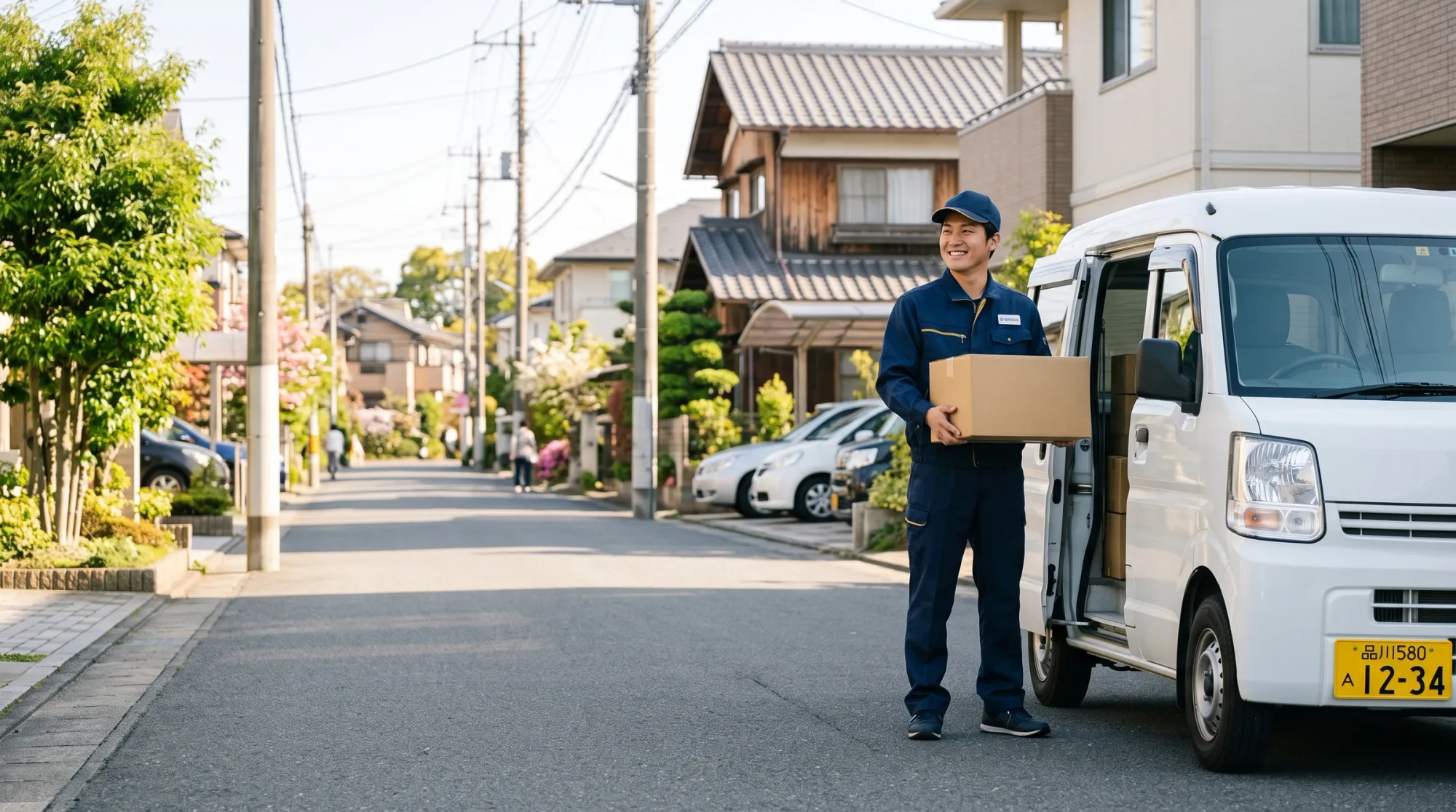 軽バンのそばで荷物を持つドライバー